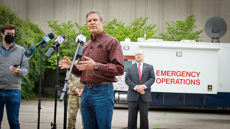 Tennessee governor Bill Lee addresses reporters outside the former building of The Commercial Appeal on April 25, 2020.